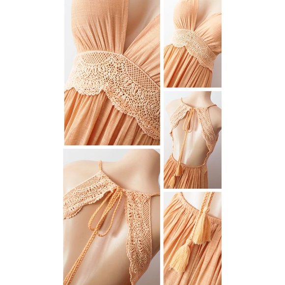 Yellow Crochet Lace Open Back Halter Maxi Dress - Picture 4 of 10